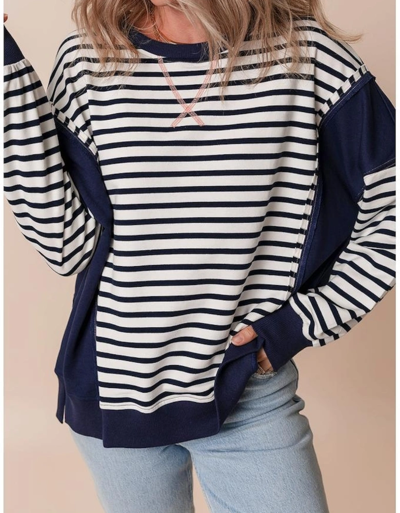 White Stripe Color Block Exposed Seam Loose Fit Sweatshirt