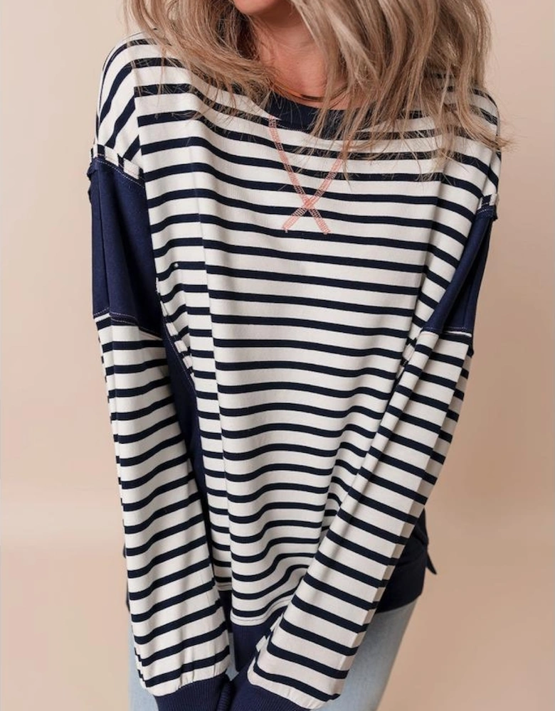 White Stripe Color Block Exposed Seam Loose Fit Sweatshirt