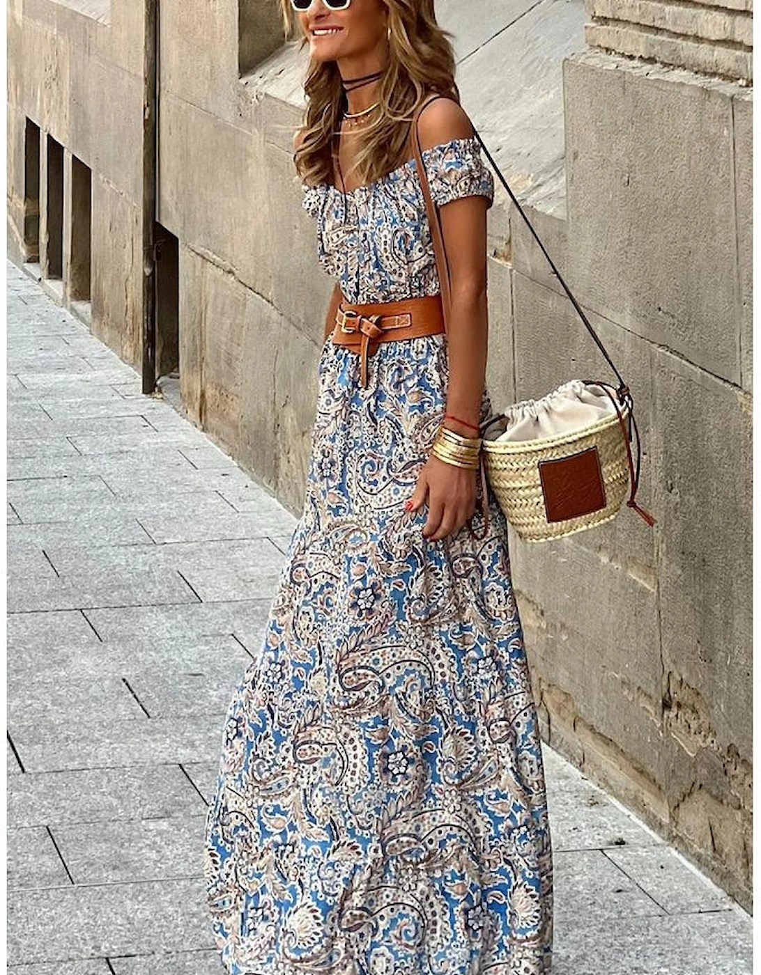 Blue Boho Paisley Print Off Shoulder Maxi Dress