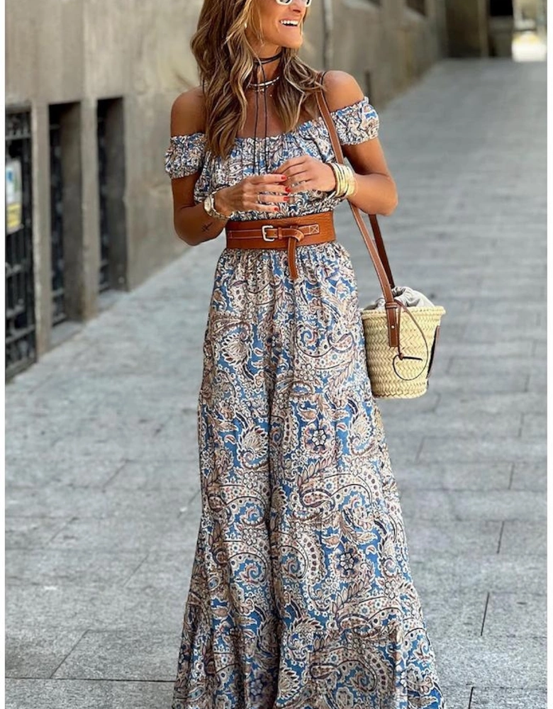 Blue Boho Paisley Print Off Shoulder Maxi Dress