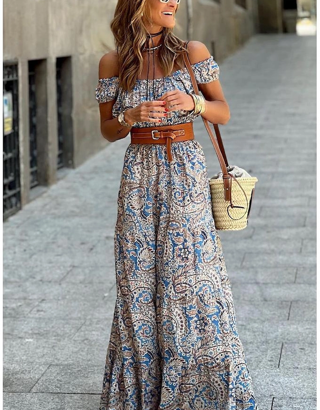 Blue Boho Paisley Print Off Shoulder Maxi Dress