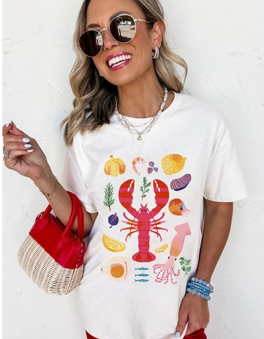 White Crawfish Food Ingredient Graphic Crewneck Tee