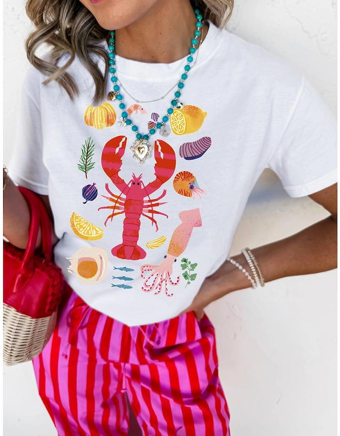 White Crawfish Food Ingredient Graphic Crewneck Tee