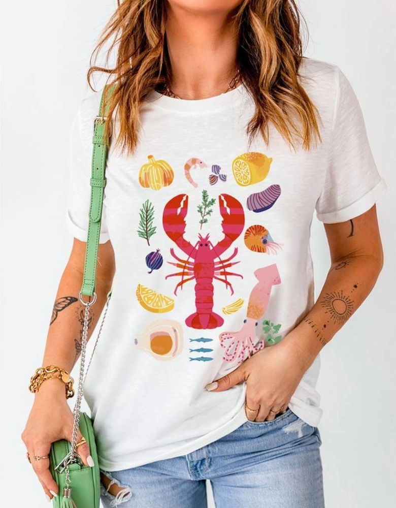 White Crawfish Food Ingredient Graphic Crewneck Tee