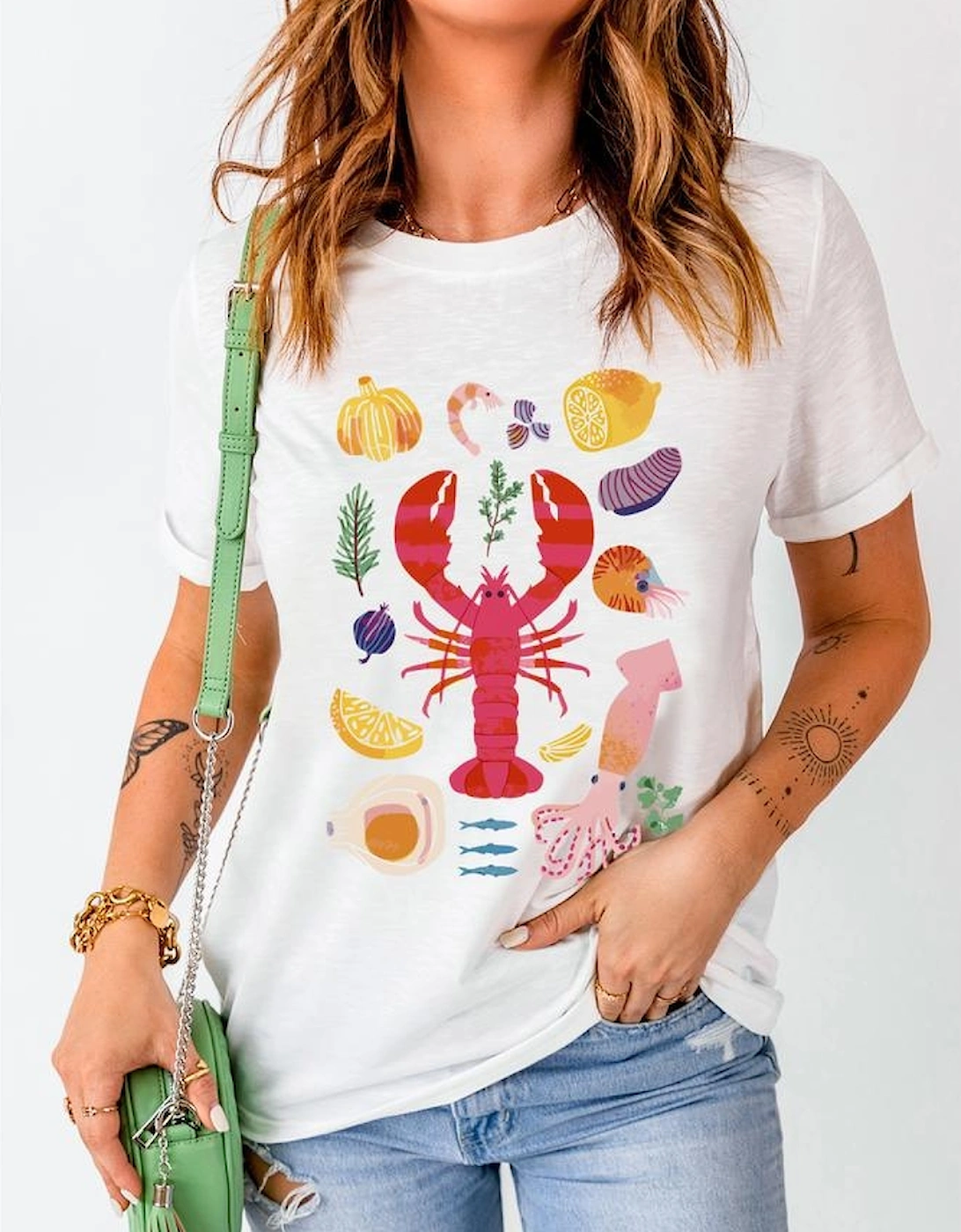 White Crawfish Food Ingredient Graphic Crewneck Tee