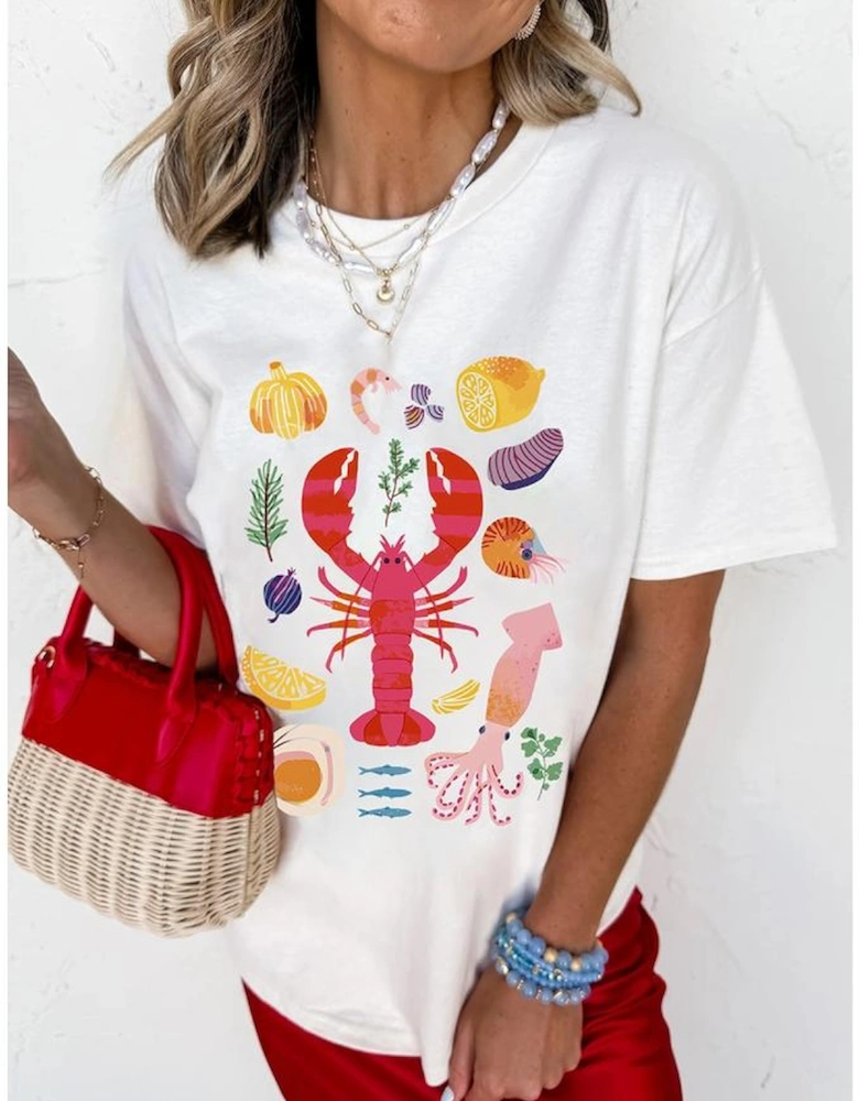 White Crawfish Food Ingredient Graphic Crewneck Tee