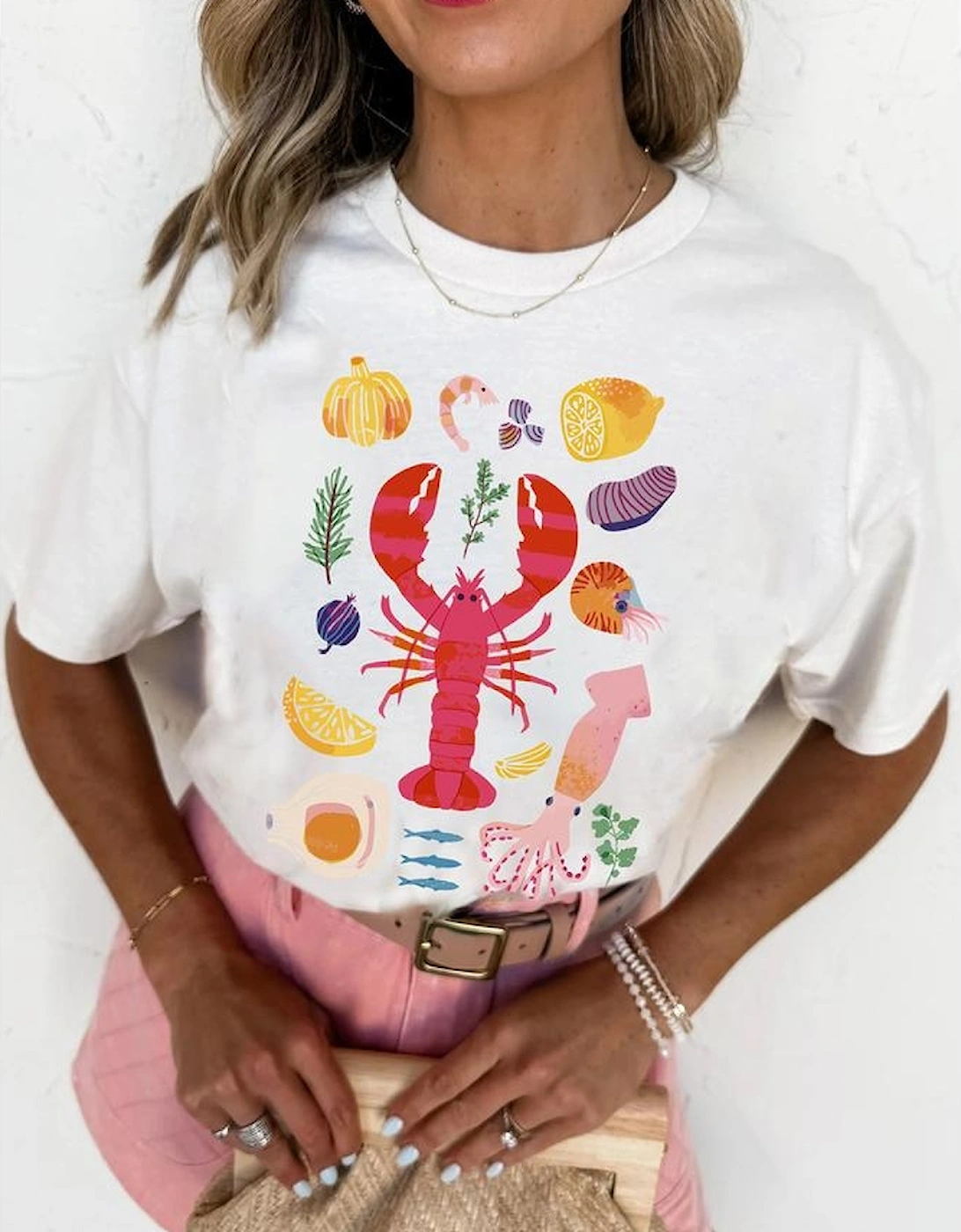 White Crawfish Food Ingredient Graphic Crewneck Tee