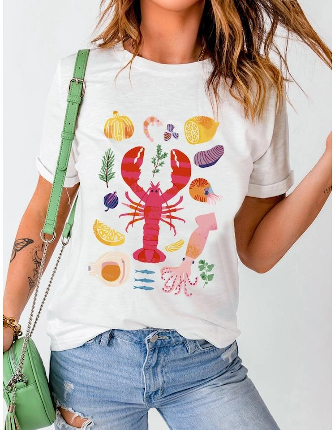 White Crawfish Food Ingredient Graphic Crewneck Tee