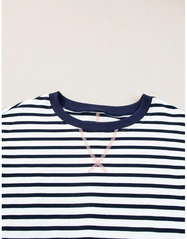 White Stripe Color Block Exposed Seam Loose Fit Sweatshirt