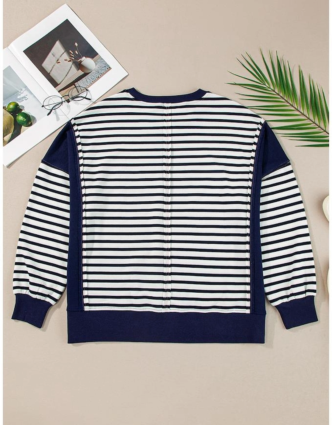 White Stripe Color Block Exposed Seam Loose Fit Sweatshirt