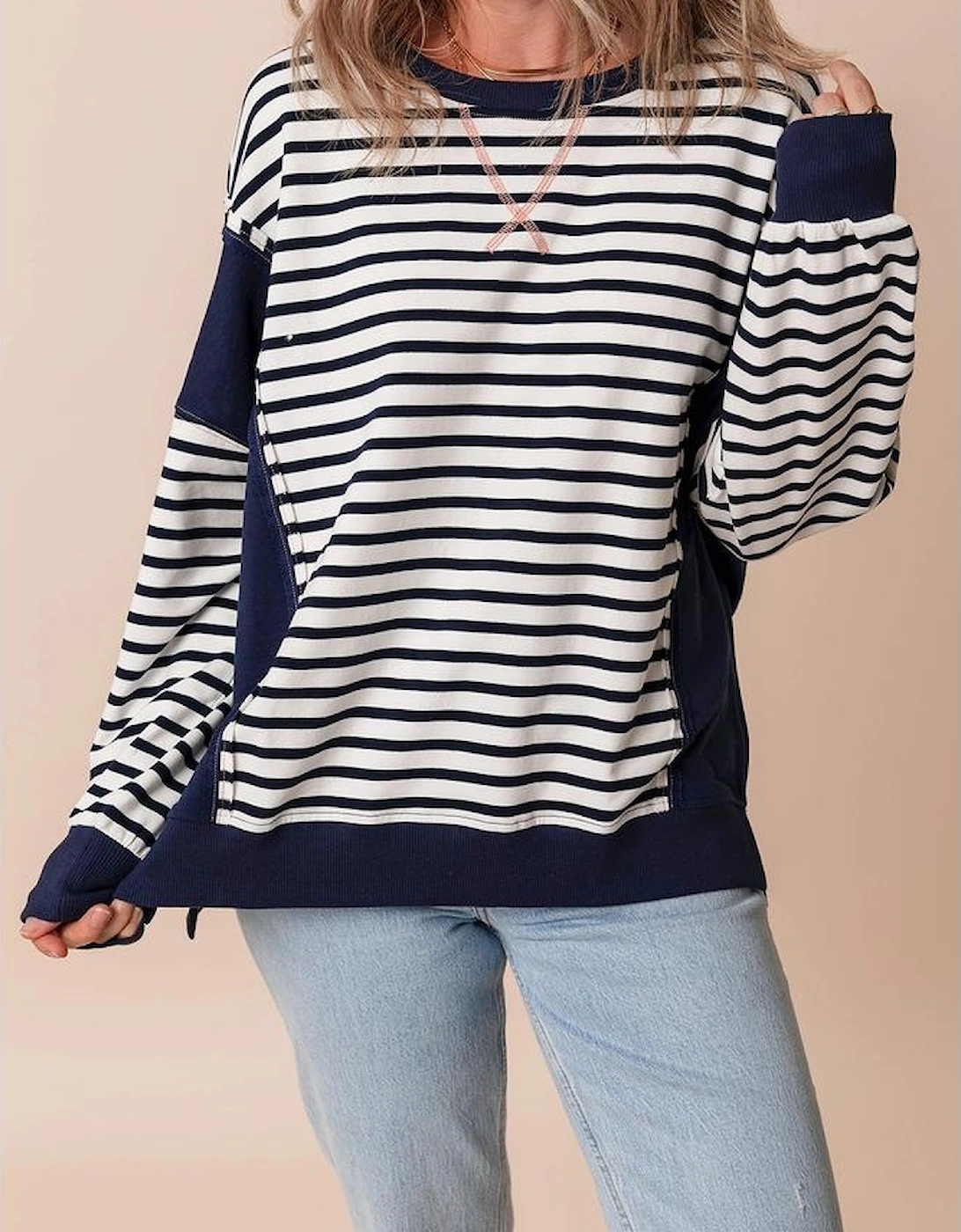 White Stripe Color Block Exposed Seam Loose Fit Sweatshirt