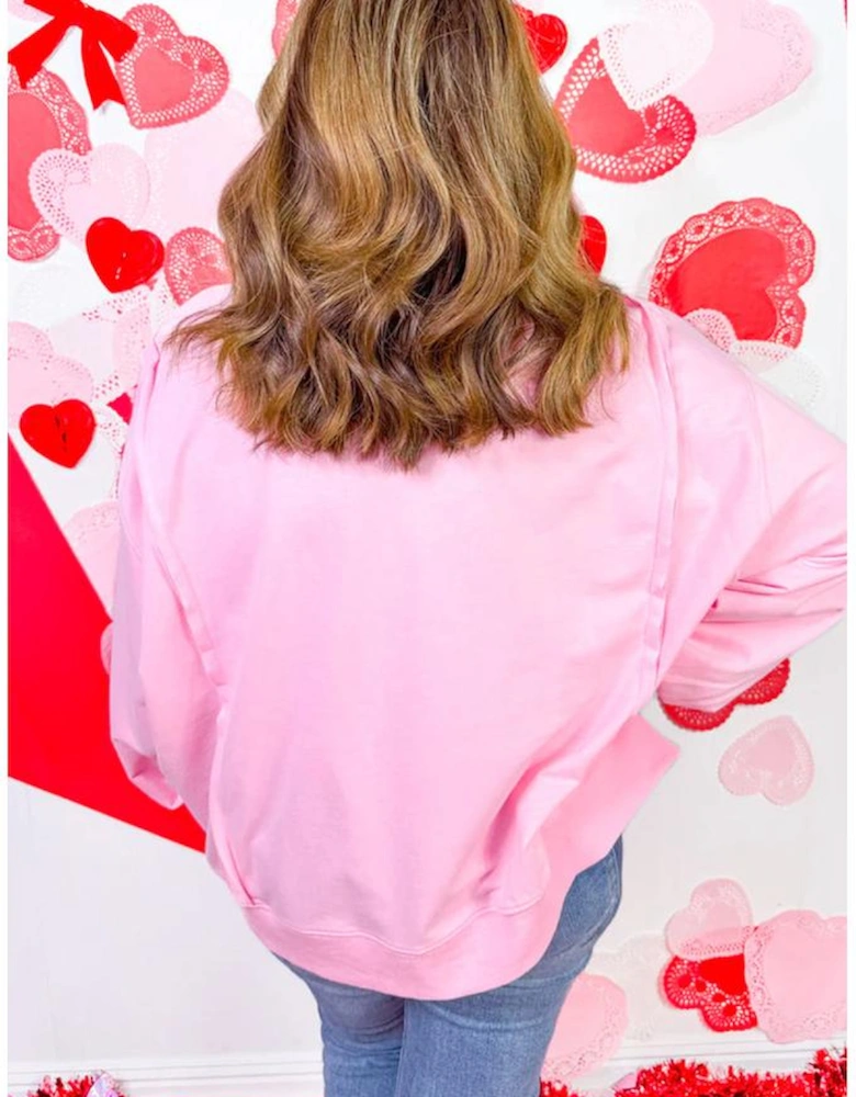 Pink Big Bow Lace Embroidered Dolman Sleeve Slit Plus Size Sweatshirt