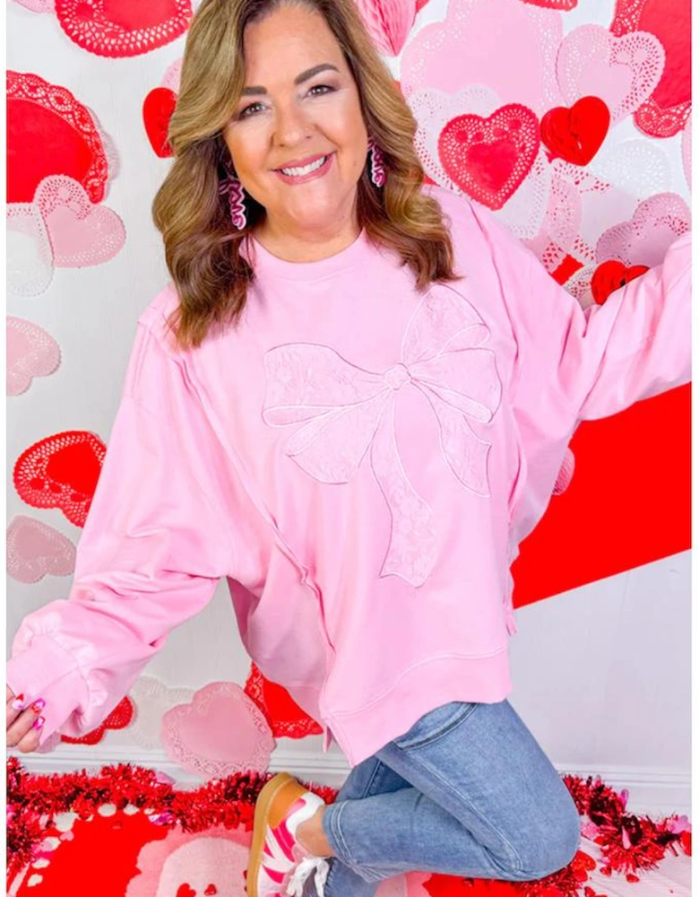 Pink Big Bow Lace Embroidered Dolman Sleeve Slit Plus Size Sweatshirt
