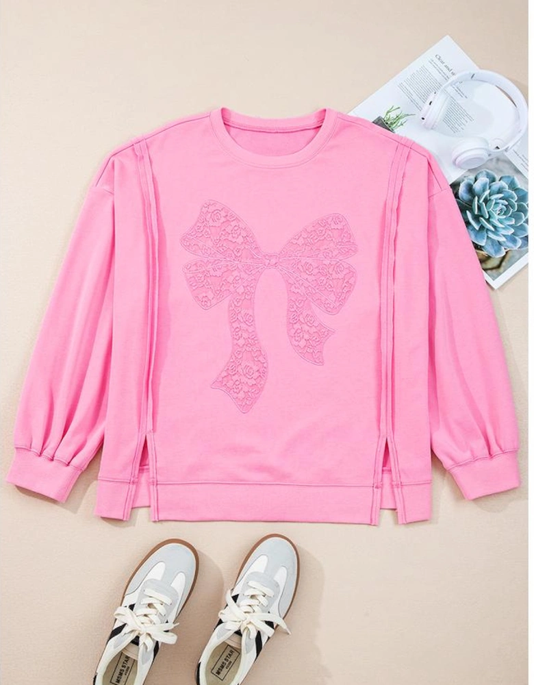 Pink Big Bow Lace Embroidered Dolman Sleeve Slit Plus Size Sweatshirt