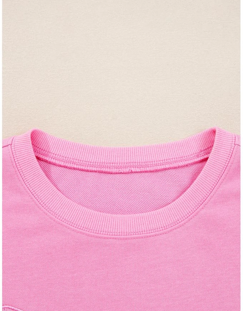 Pink Big Bow Lace Embroidered Dolman Sleeve Slit Plus Size Sweatshirt