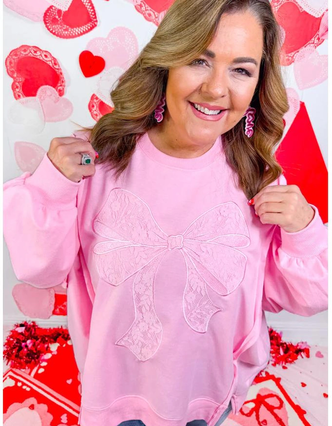Pink Big Bow Lace Embroidered Dolman Sleeve Slit Plus Size Sweatshirt