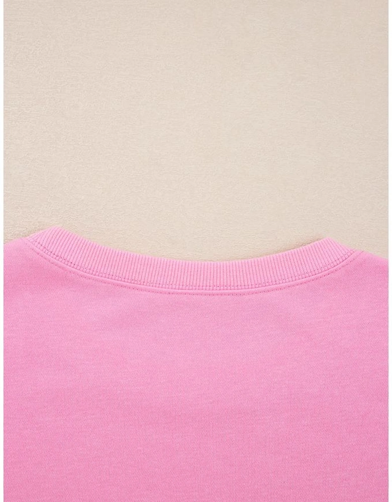 Pink Big Bow Lace Embroidered Dolman Sleeve Slit Plus Size Sweatshirt