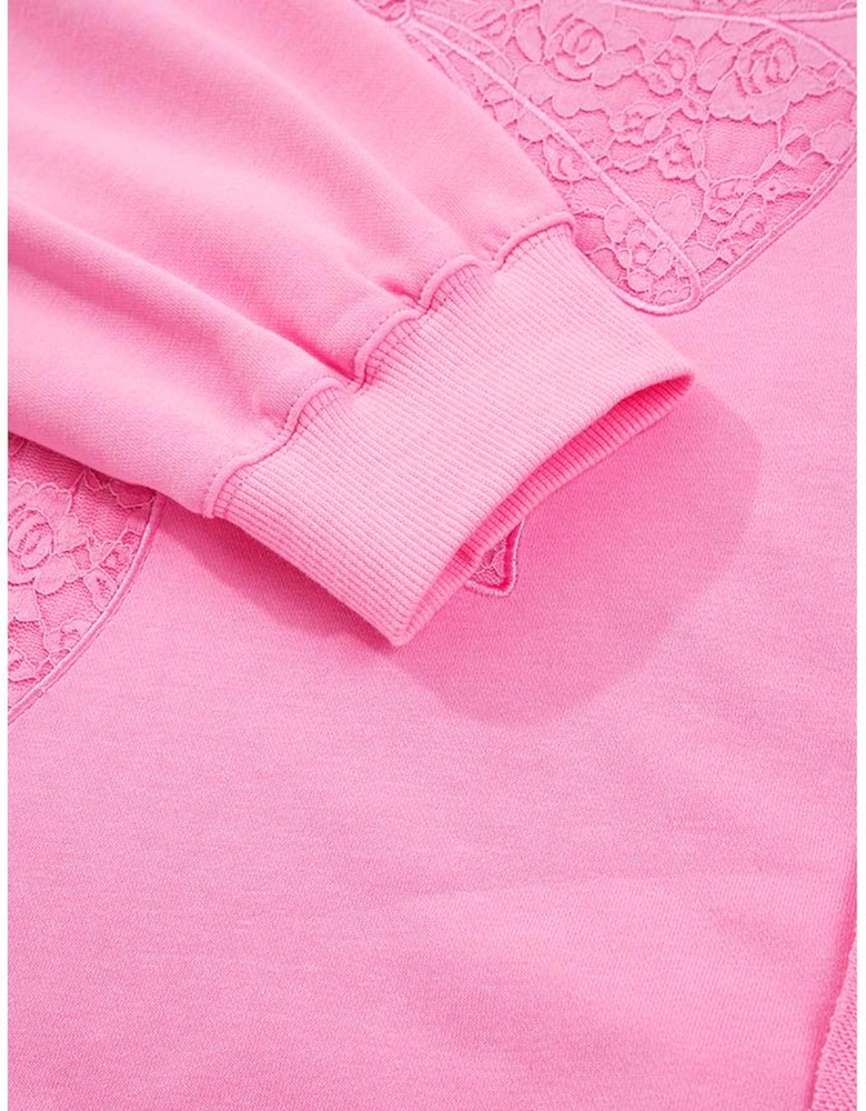 Pink Big Bow Lace Embroidered Dolman Sleeve Slit Plus Size Sweatshirt