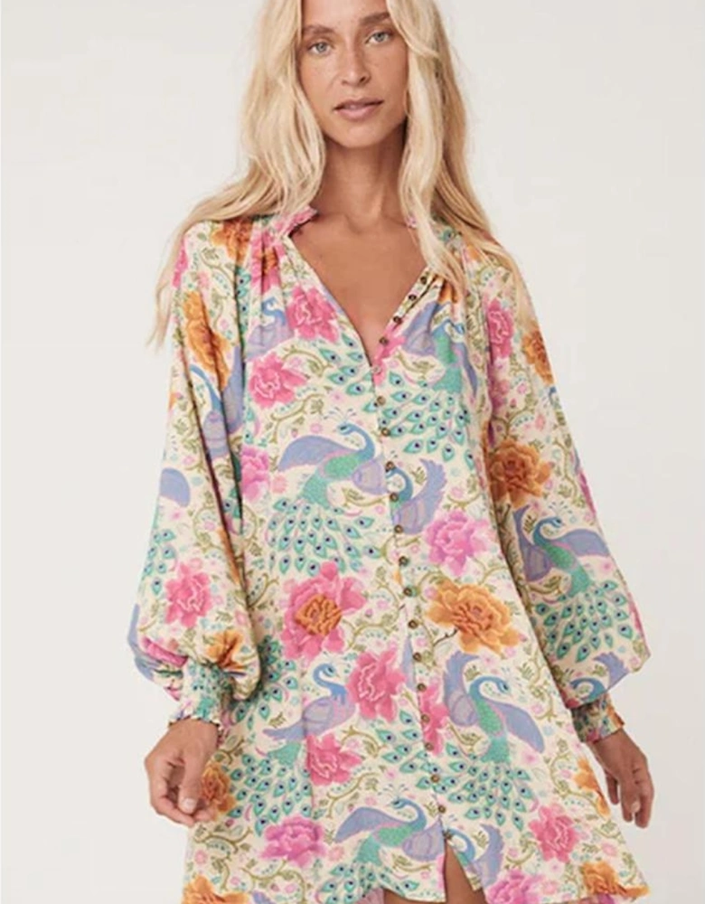 Multicolour Floral Print Bubble Sleeve Buttoned V Neck Mini Dress