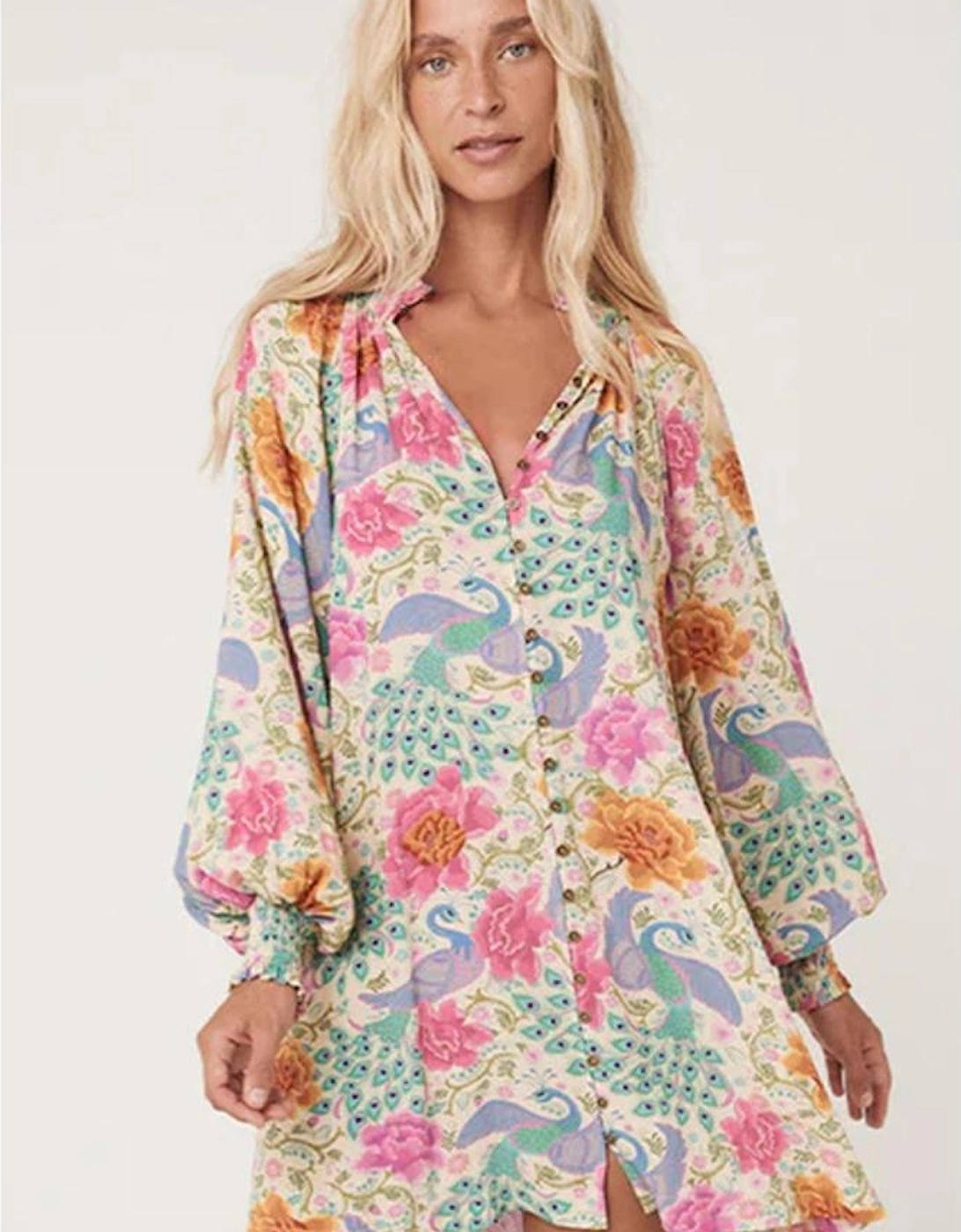 Multicolour Floral Print Bubble Sleeve Buttoned V Neck Mini Dress