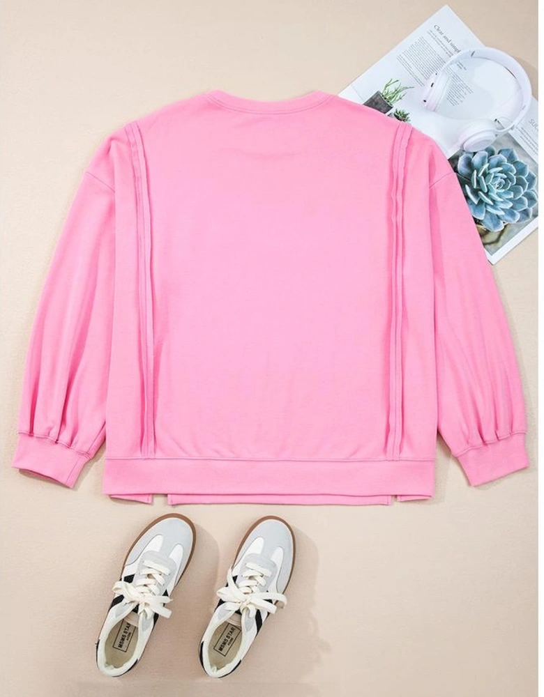 Pink Big Bow Lace Embroidered Dolman Sleeve Slit Plus Size Sweatshirt