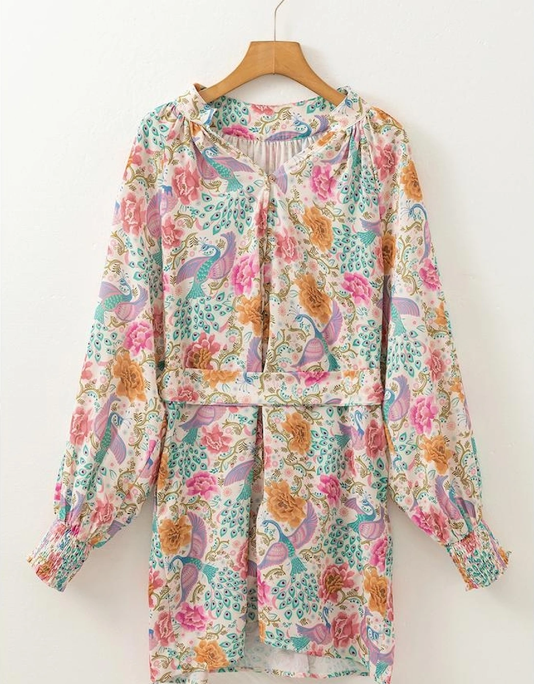 Multicolour Floral Print Bubble Sleeve Buttoned V Neck Mini Dress