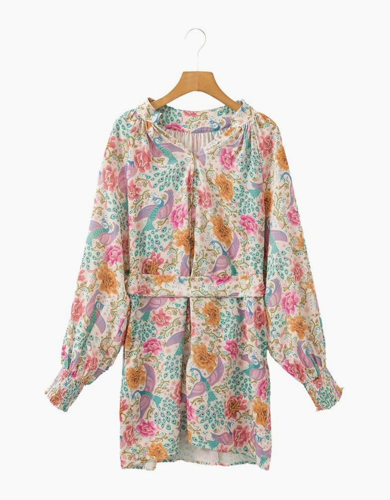 Multicolour Floral Print Bubble Sleeve Buttoned V Neck Mini Dress