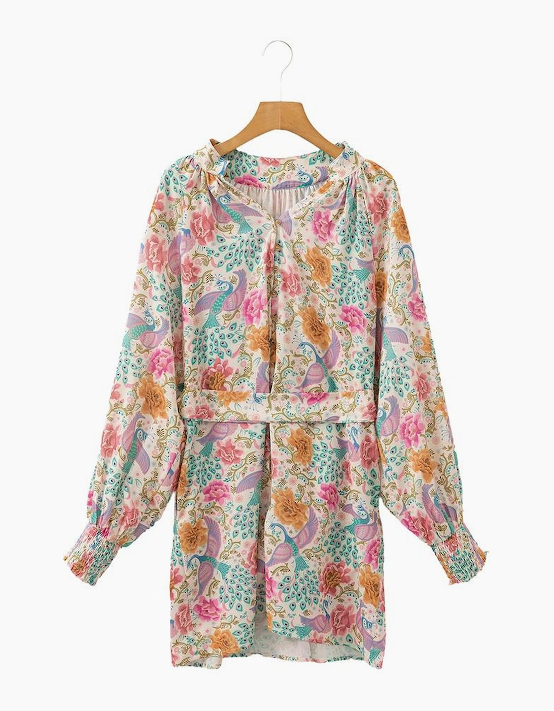 Multicolour Floral Print Bubble Sleeve Buttoned V Neck Mini Dress