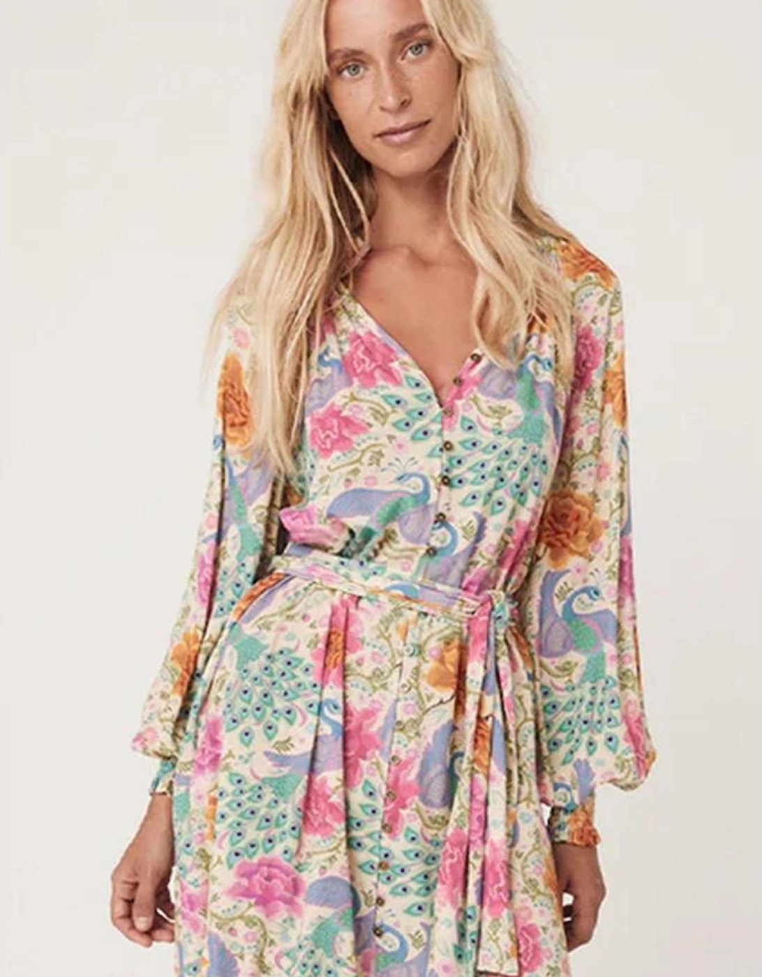 Multicolour Floral Print Bubble Sleeve Buttoned V Neck Mini Dress