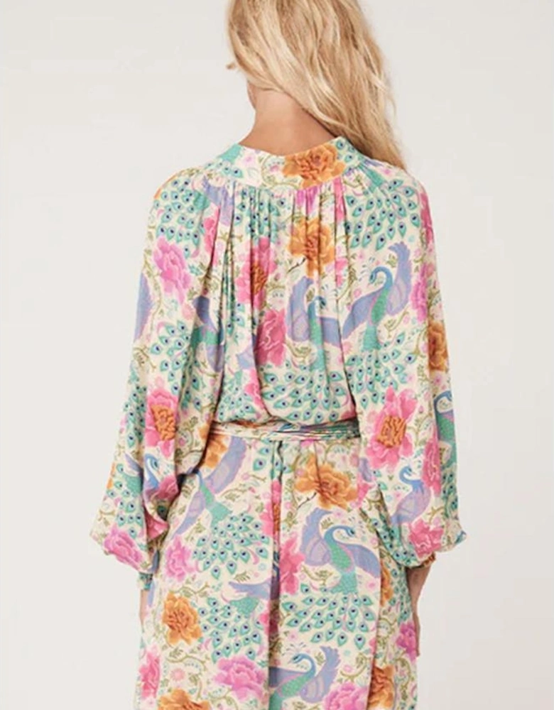 Multicolour Floral Print Bubble Sleeve Buttoned V Neck Mini Dress