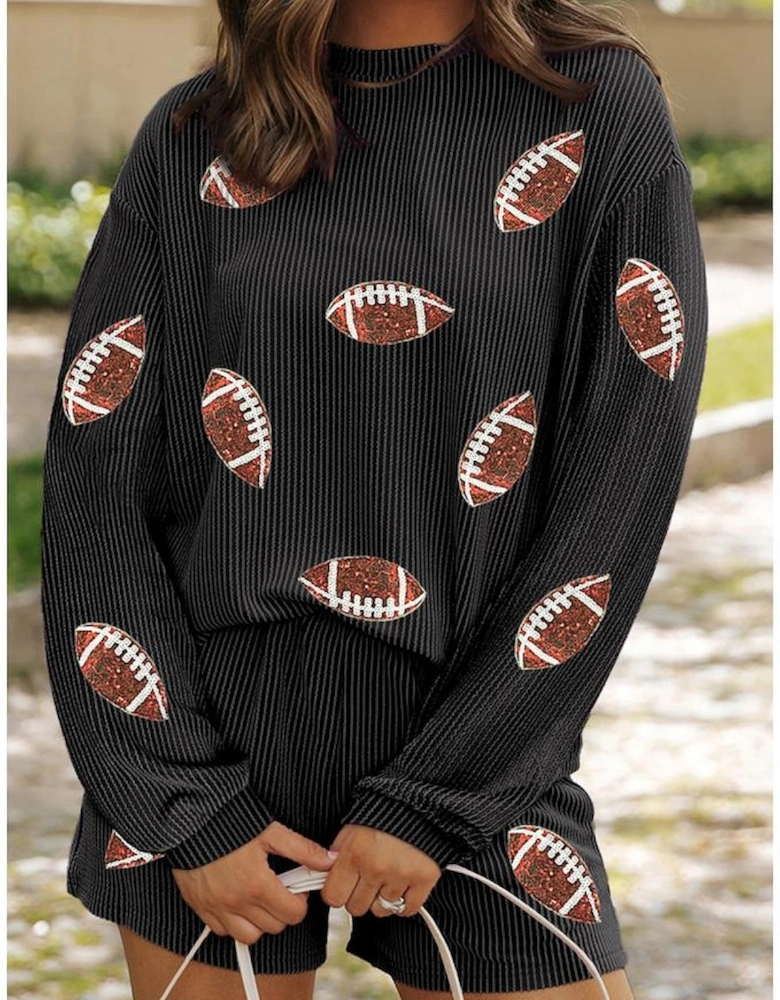 Carbon Grey Sequin Rugby Football Corded Knit Two Piece Shorts Set