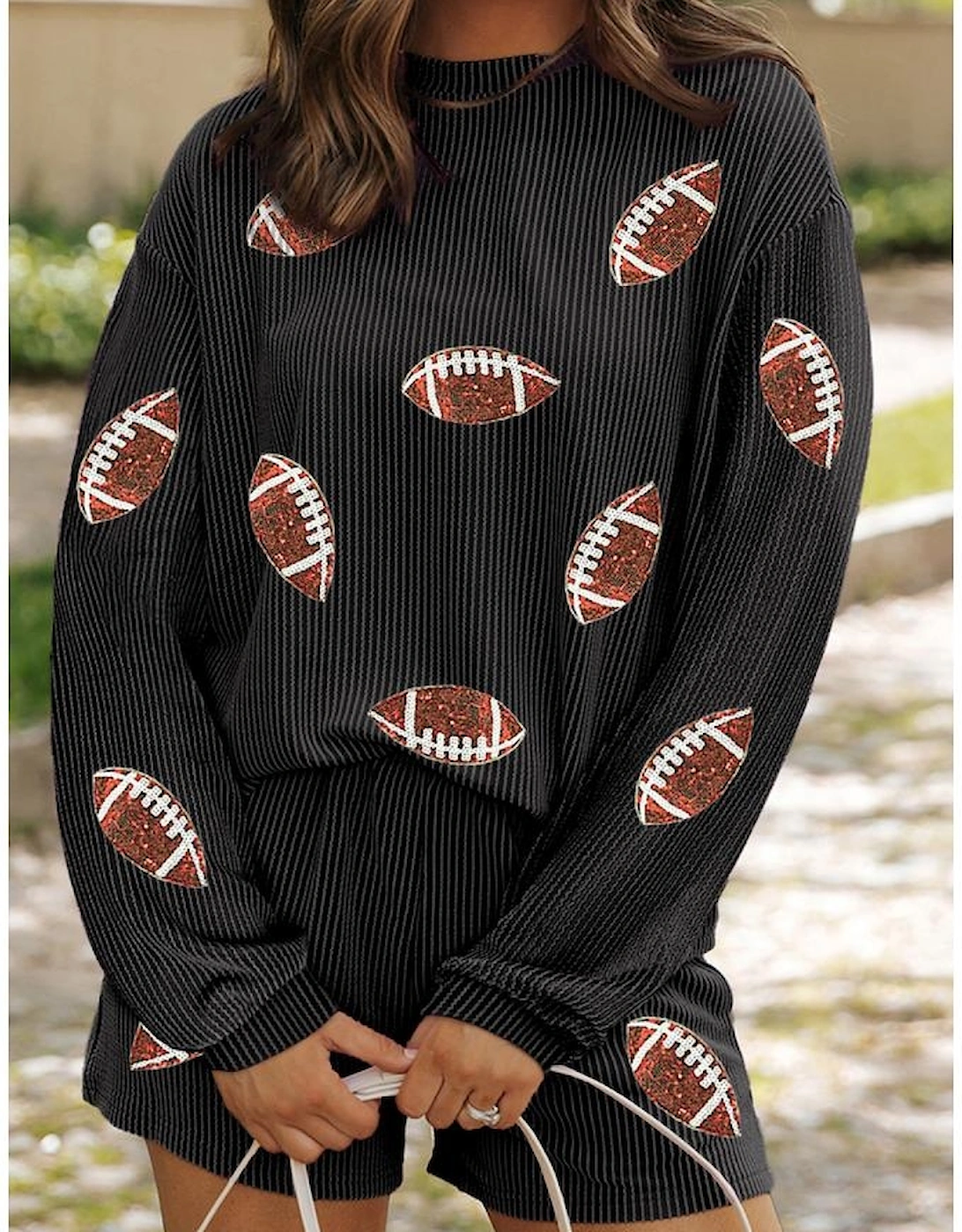 Carbon Grey Sequin Rugby Football Corded Knit Two Piece Shorts Set