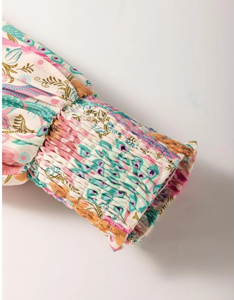 Multicolour Floral Print Bubble Sleeve Buttoned V Neck Mini Dress