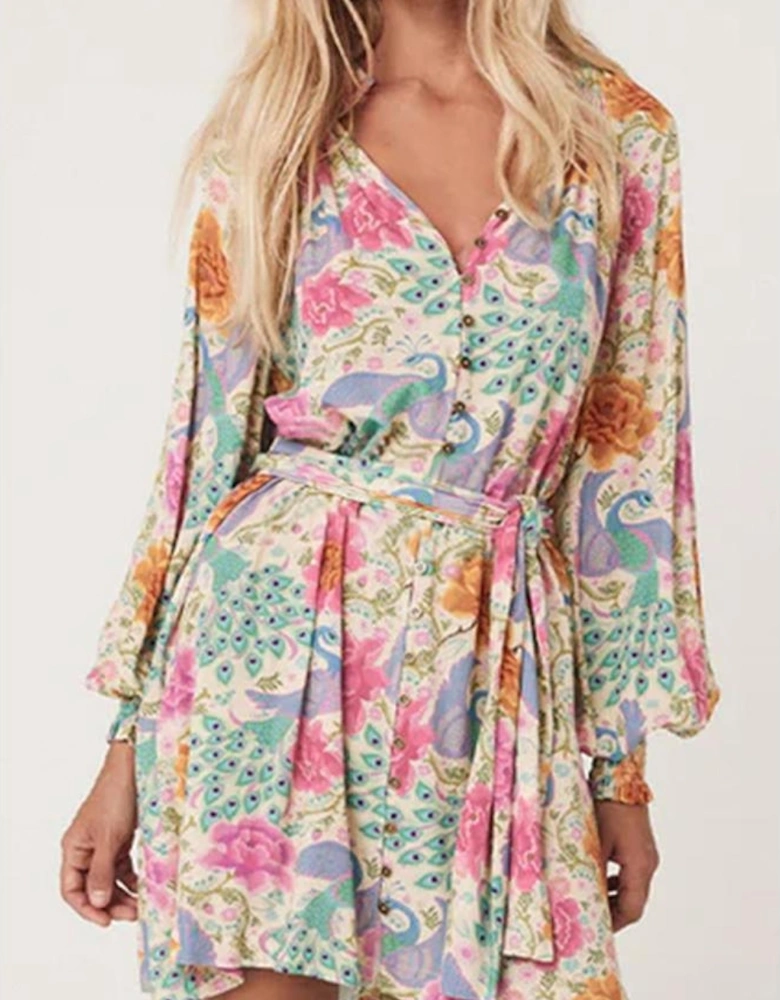 Multicolour Floral Print Bubble Sleeve Buttoned V Neck Mini Dress