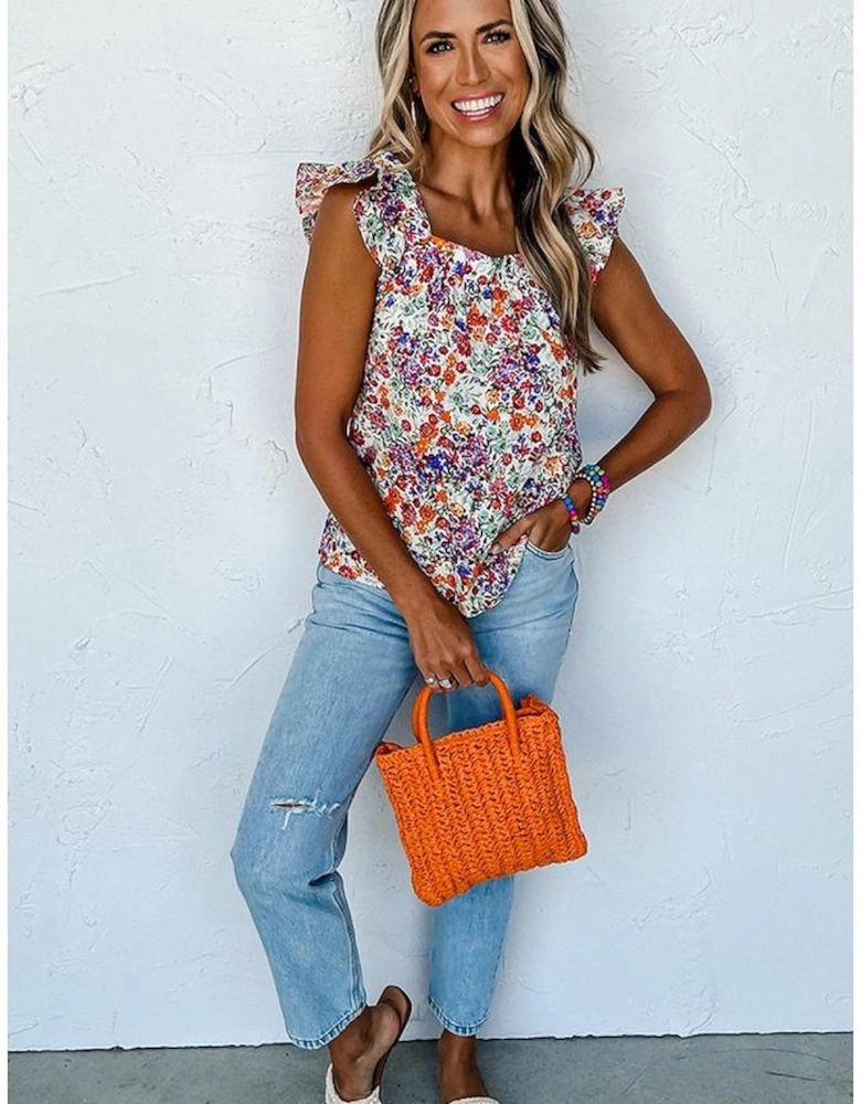 Rose Red Floral Square Neck Flutter Tank Top