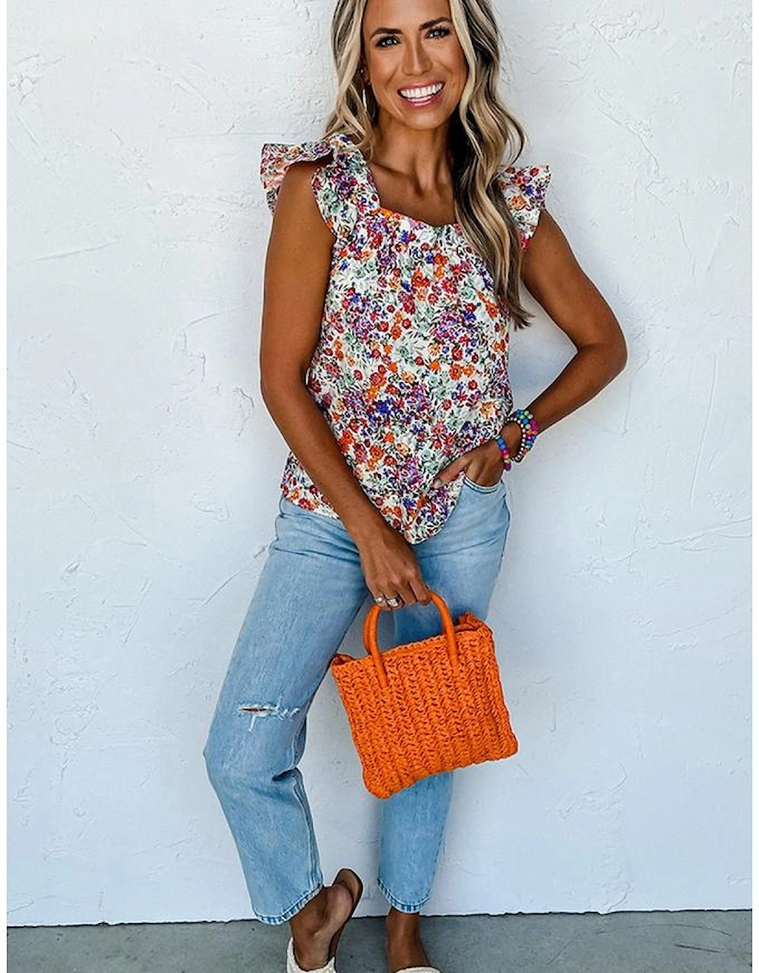 Rose Red Floral Square Neck Flutter Tank Top, 7 of 6