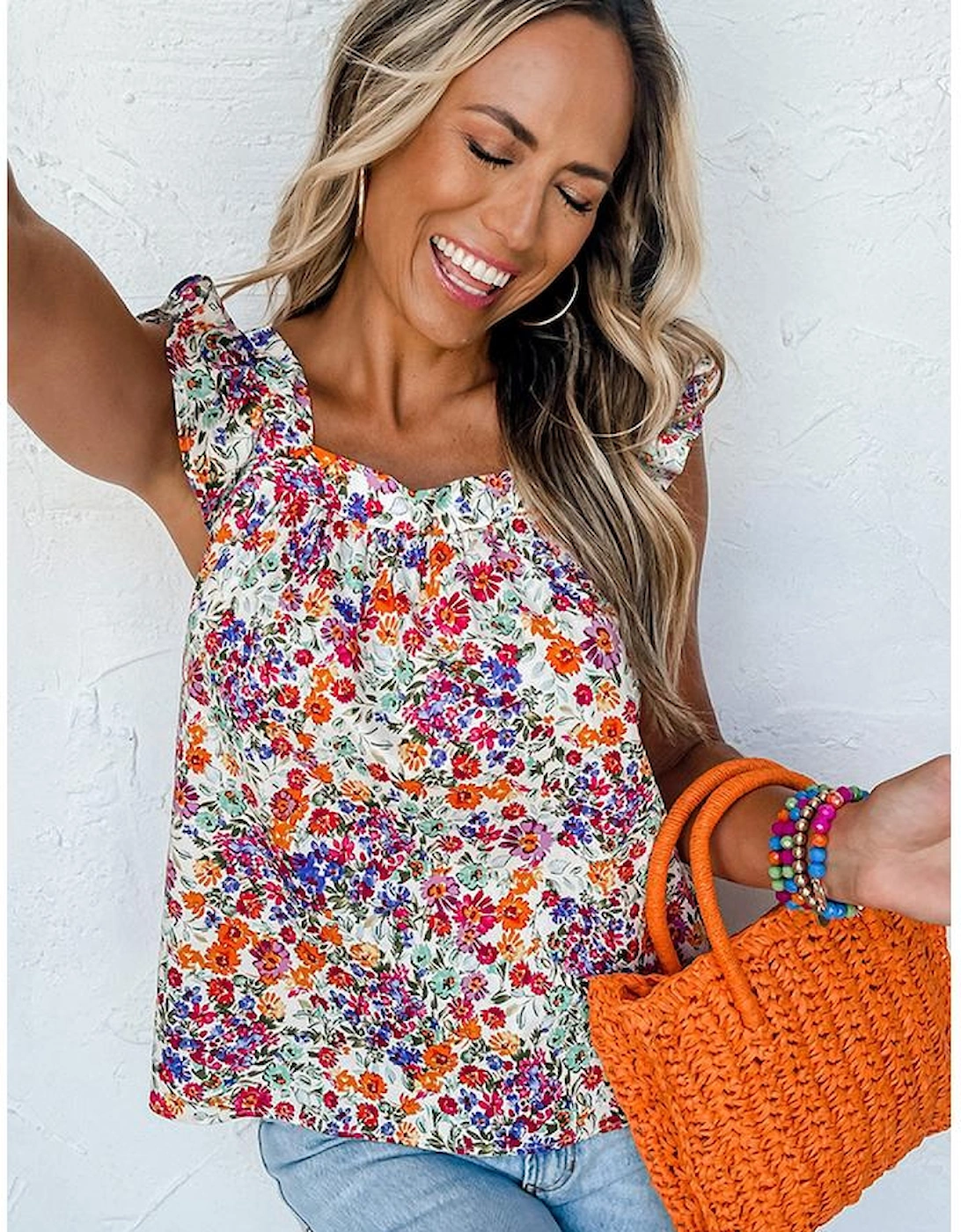 Rose Red Floral Square Neck Flutter Tank Top