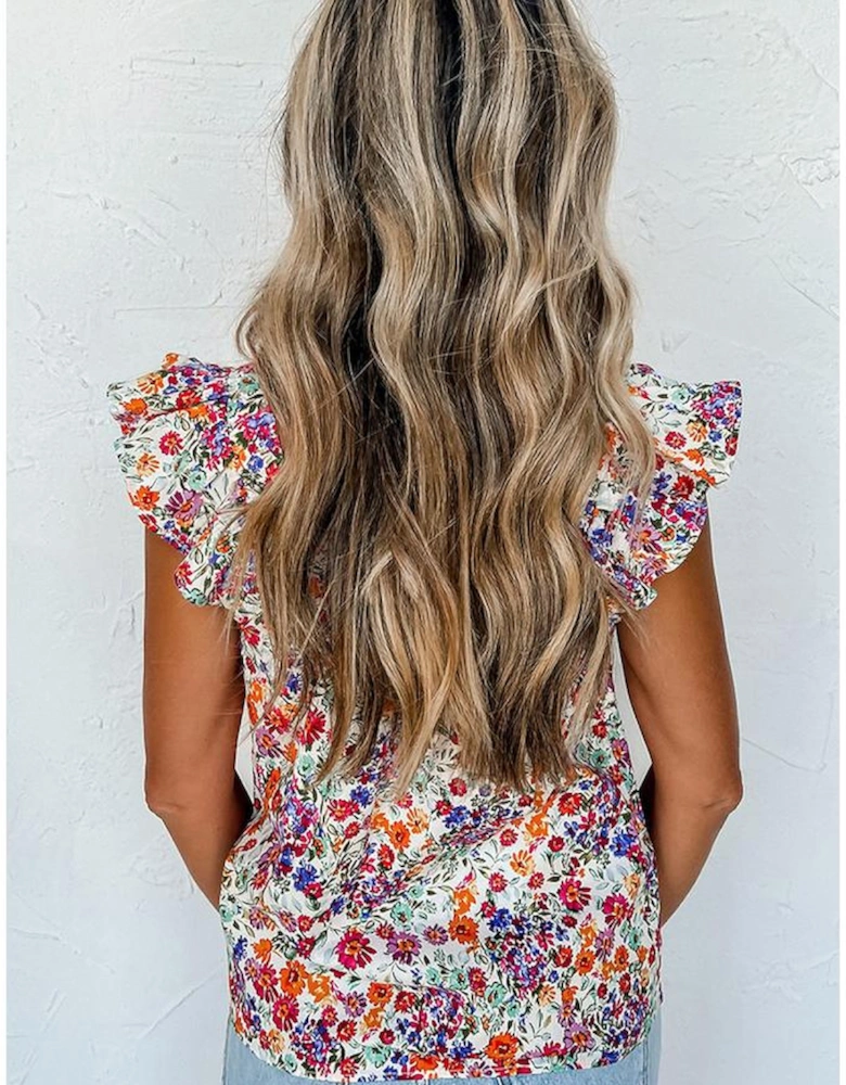 Rose Red Floral Square Neck Flutter Tank Top