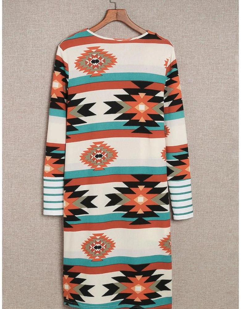 Multicolor Geometric Color Block Open Front Long Cardigan