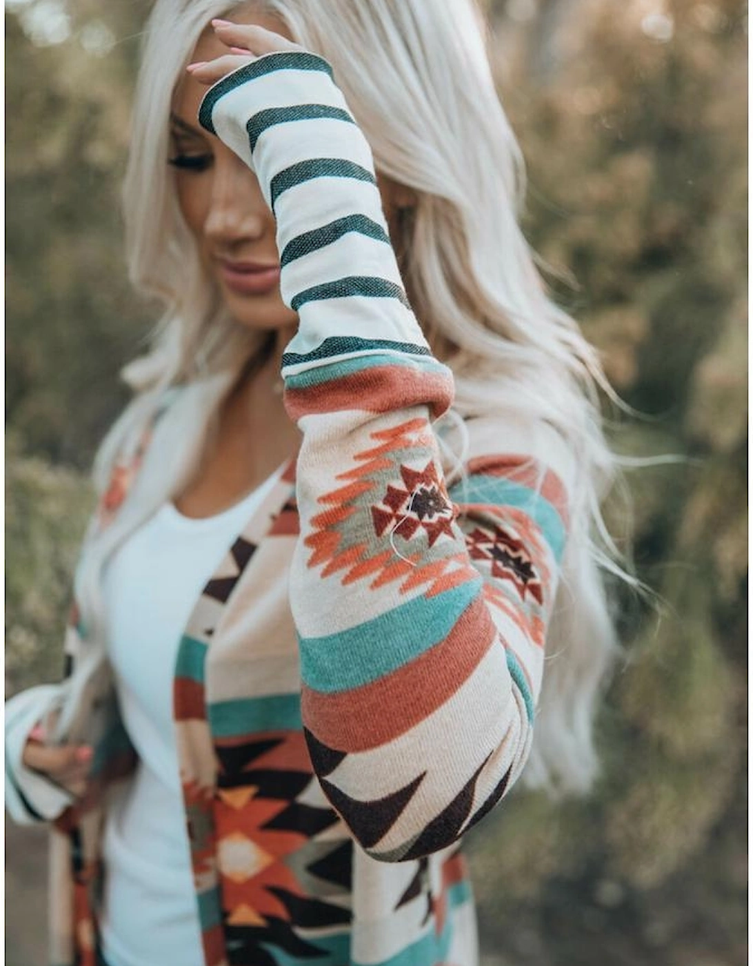 Multicolor Geometric Color Block Open Front Long Cardigan