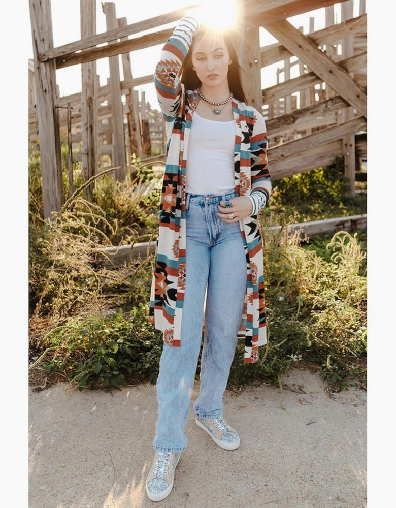 Multicolor Geometric Color Block Open Front Long Cardigan