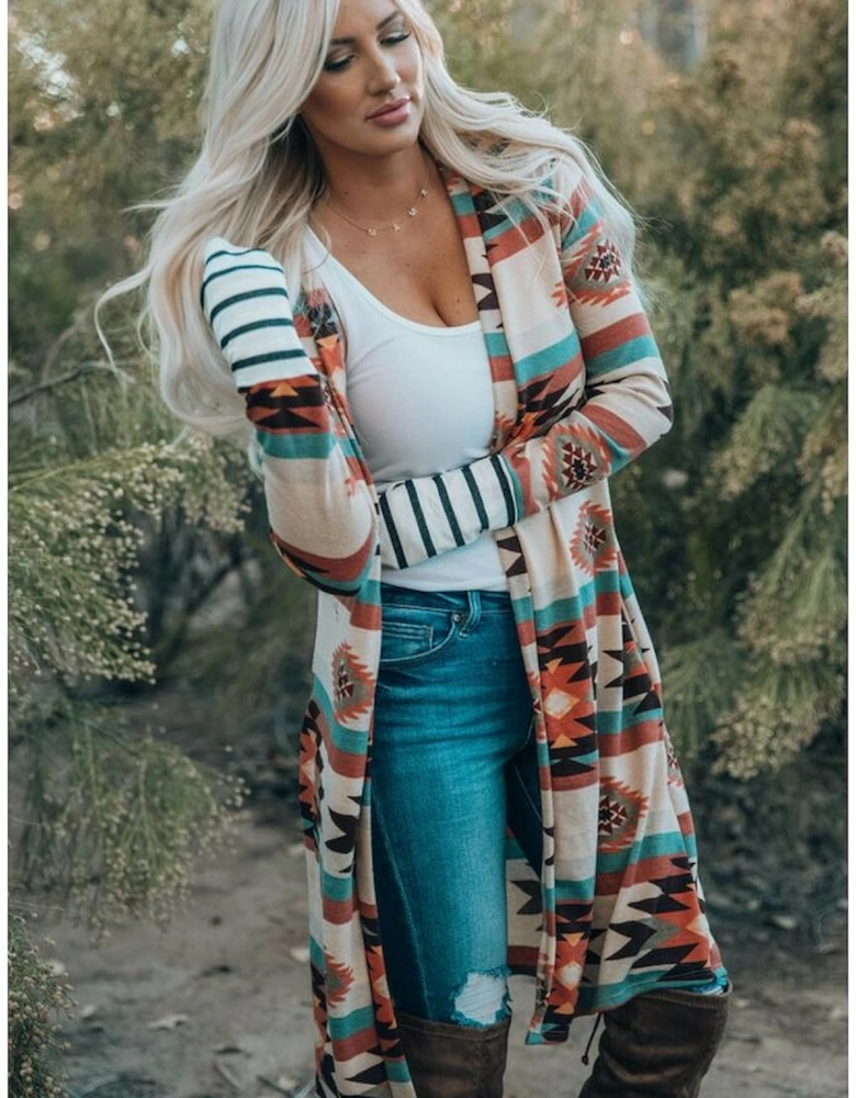 Multicolor Geometric Color Block Open Front Long Cardigan