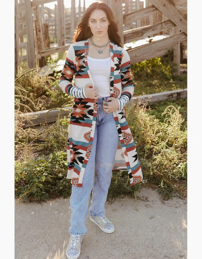 Multicolor Geometric Color Block Open Front Long Cardigan