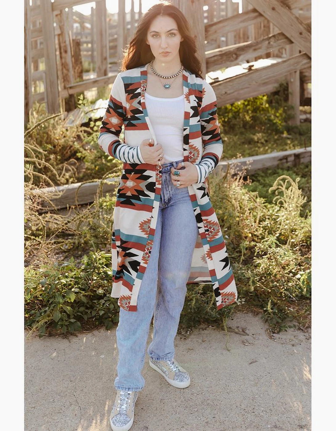 Multicolor Geometric Color Block Open Front Long Cardigan