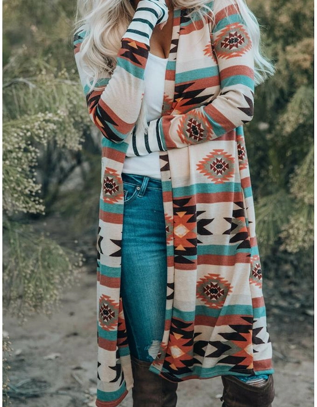 Multicolor Geometric Color Block Open Front Long Cardigan