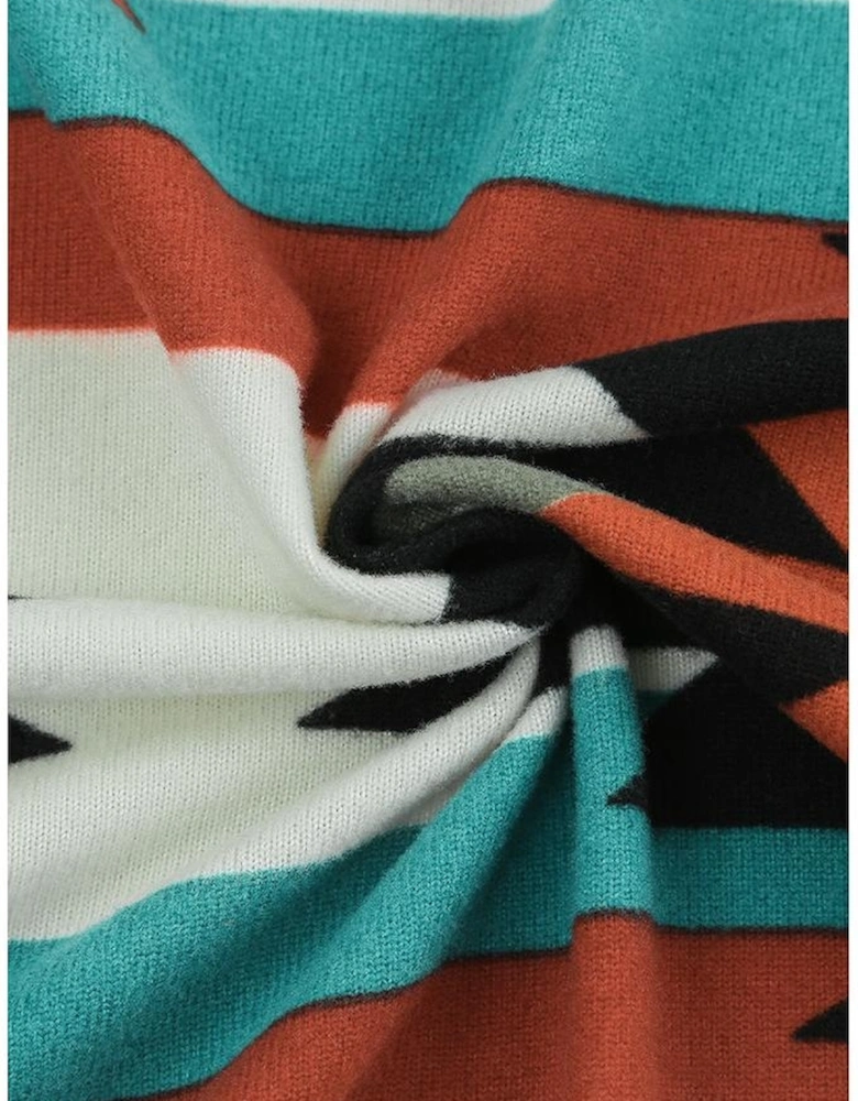 Multicolor Geometric Color Block Open Front Long Cardigan
