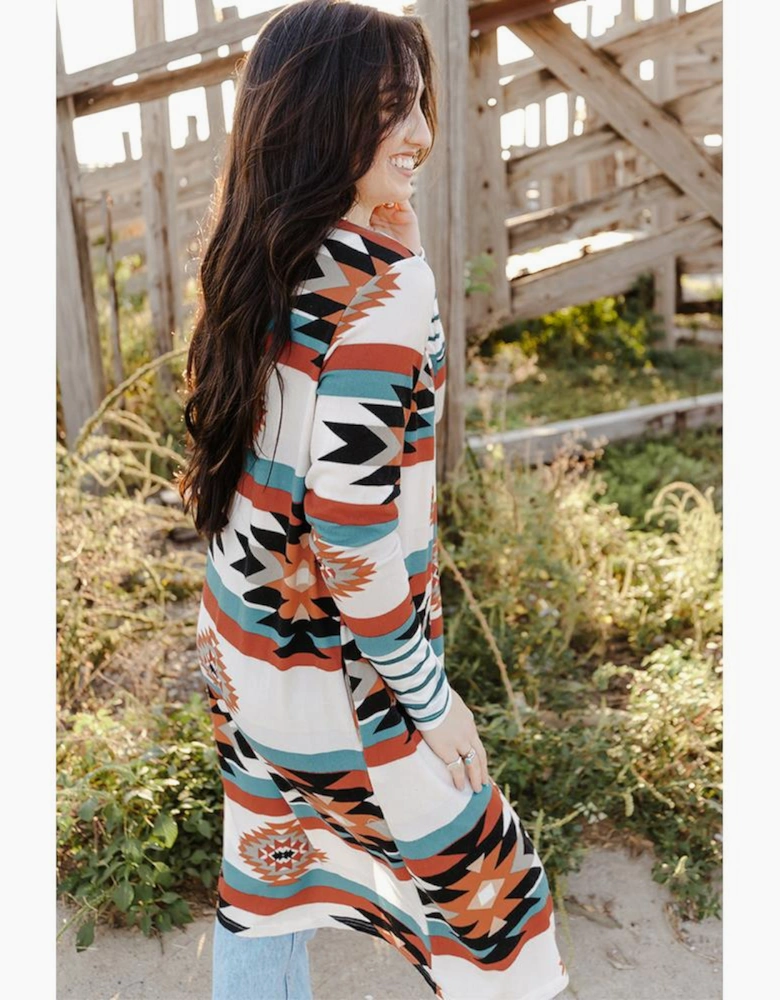 Multicolor Geometric Color Block Open Front Long Cardigan