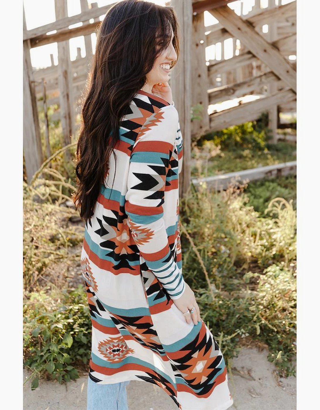 Multicolor Geometric Color Block Open Front Long Cardigan