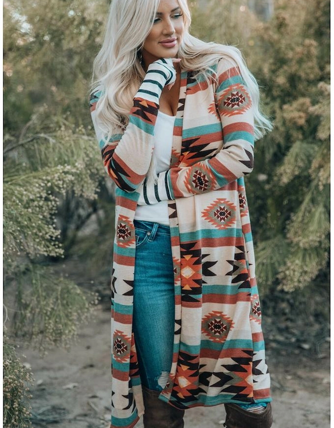 Multicolor Geometric Color Block Open Front Long Cardigan