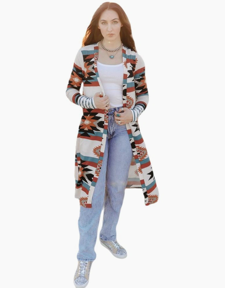 Multicolor Geometric Color Block Open Front Long Cardigan